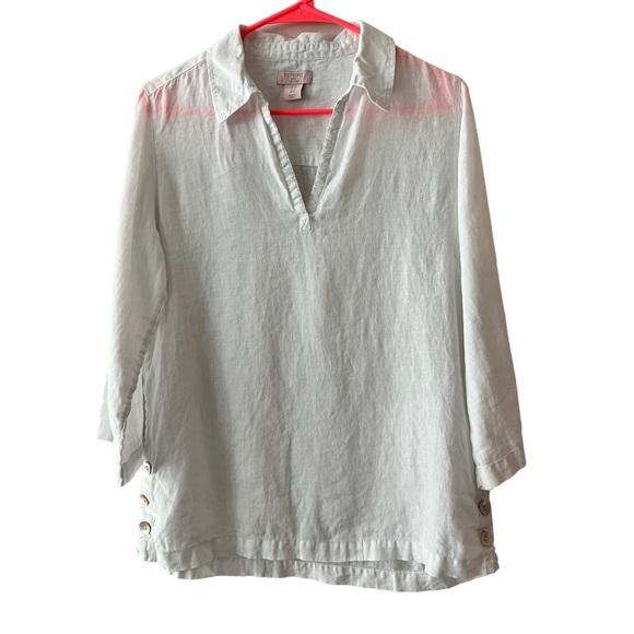 St. Tropez White Linen Top size Small Mother of Pearl - Picture 1 of 9